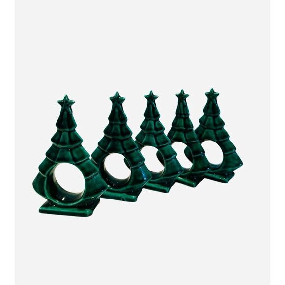 Vintage Set Of 5 Ceramic Green Christmas Tree Napkin Rings Signed - Picture 2 of 5